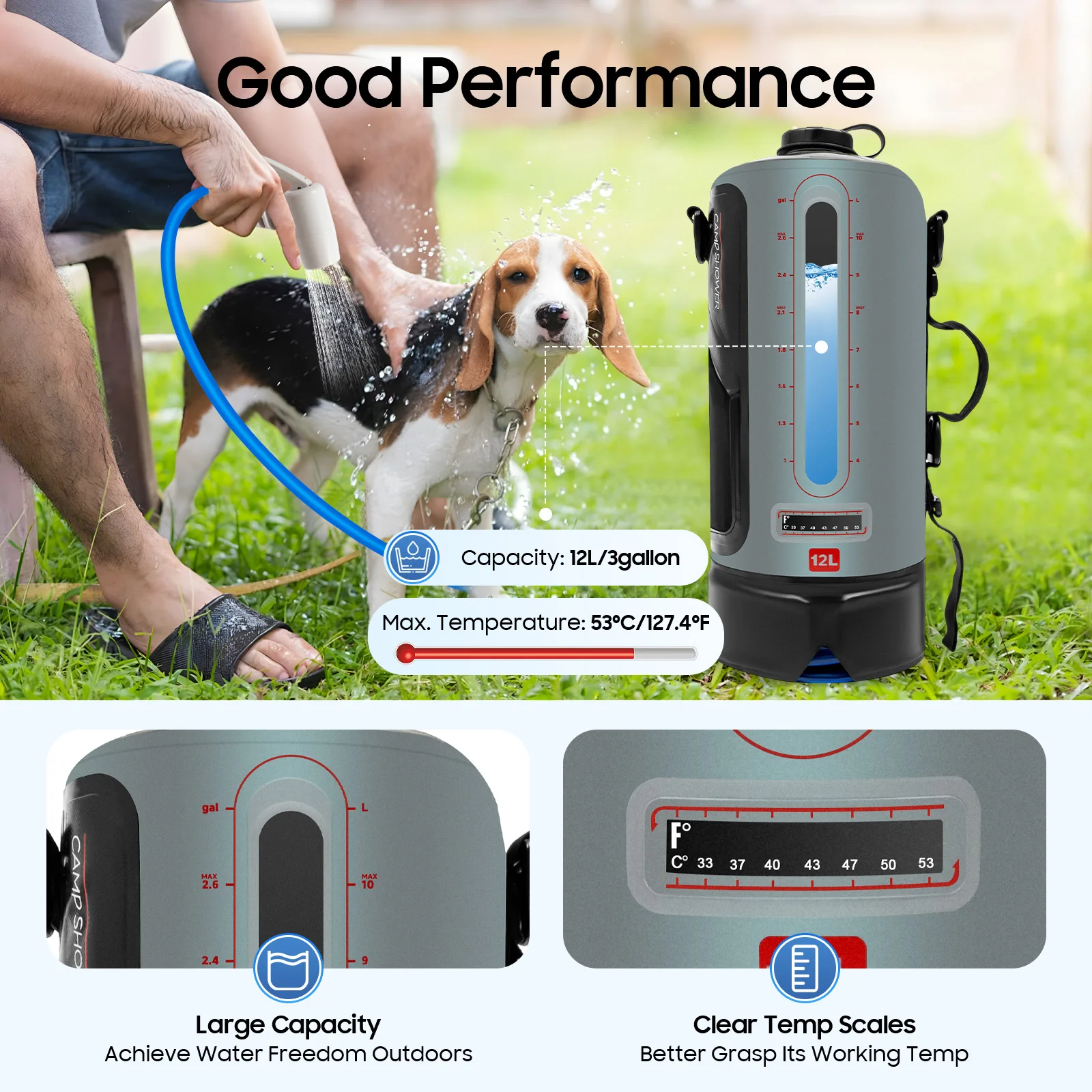 دش التخييم دش بالطاقة الشمسية حديقة دش مع مضخة 3 جالون، 12 لتر، رأس دش محمول وقابل للإزالة خرطوم دش حقيبة #1