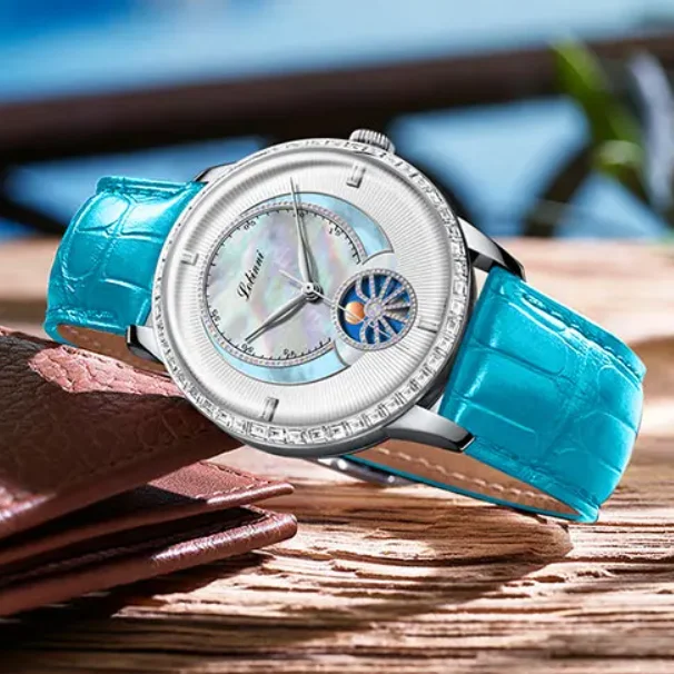 LOBINNI Women Watch 36.5mm Ladies Automatic Mechanical Wristwatch Sapphire MOP Dial Sun Moon Dial Austria Crystal