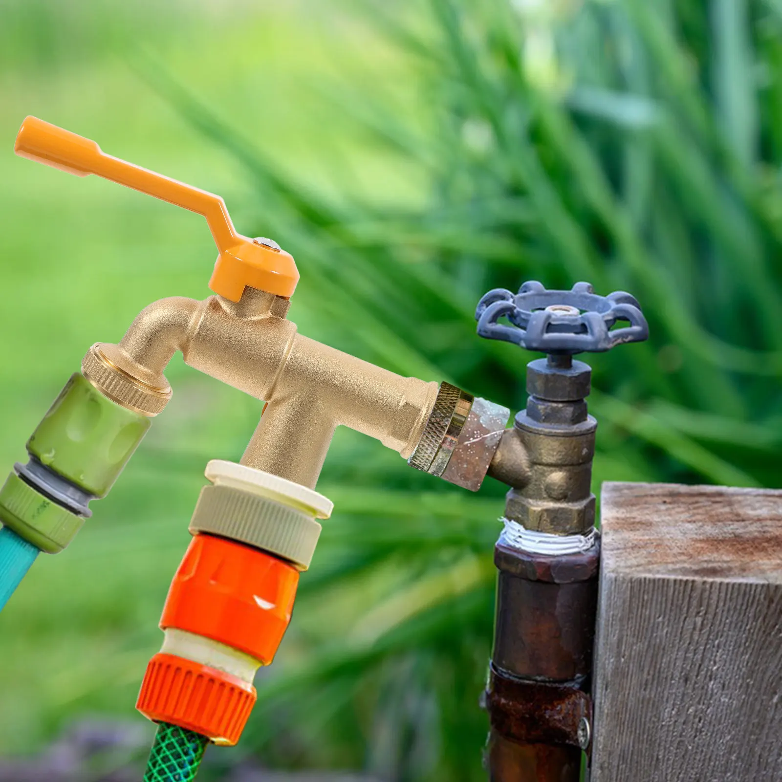 Brass Outdoor Faucet Water Spigot Hose Connector Golden High Flow Dual Outlet Garden Use Easy Install Durable Large Size