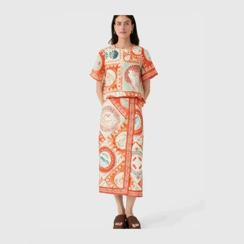 New Women Unique Original Floral Linen Print 2 Piece Skirt Set, Short Sleeve Tie Top & Midi Skirt for Daily Vacation