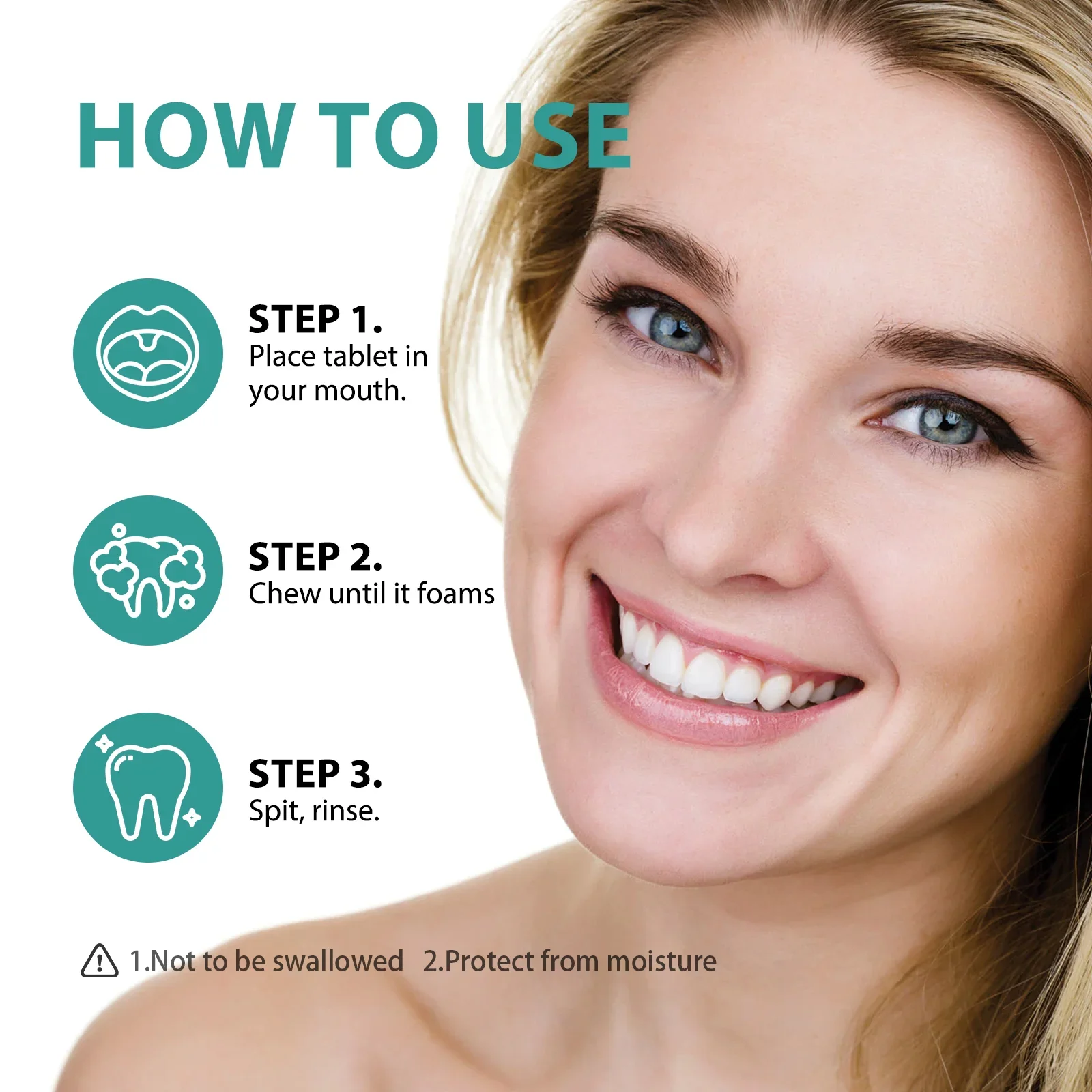 Mint flavored chewable toothpaste tablets improve bad breath, remove smoke stains, and refresh oral hygiene. 62 tablets