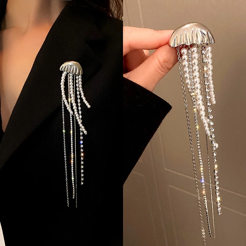 1Pc Long Pearl Tassel Jellyfish Brooch Women Diamond-encrusted Pearl Tassel Corsage Badge Pins Suit Jacket Pin Clothing Gifts