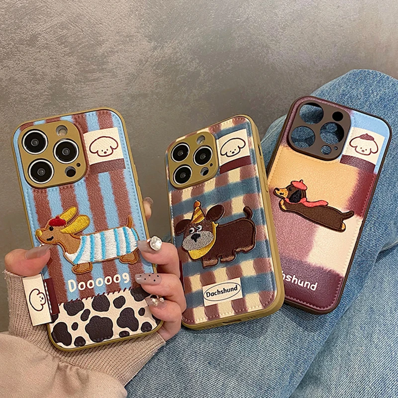 

Lovely Embroidered Puppy Dog Leather Drum Bag Cases For iPhone 17 air 11 12 13 14 16 Pro Max 15 plus Shockproof Phone Back Cover