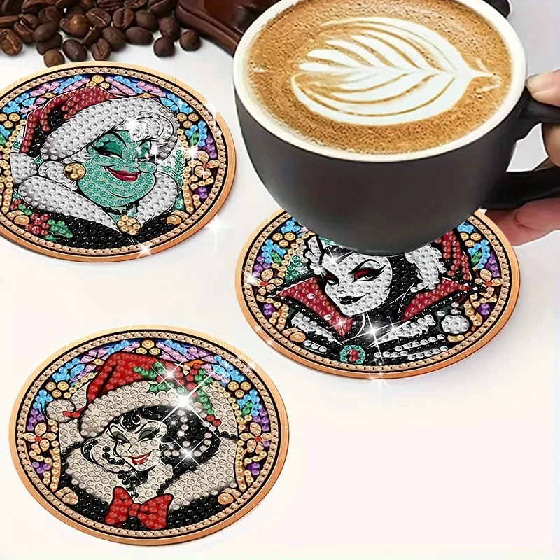 4 Pack New Disney Diamond Painting Coasters DIY Witch Diamond Art Coasters with Stand Table Mat Home Decor Gift