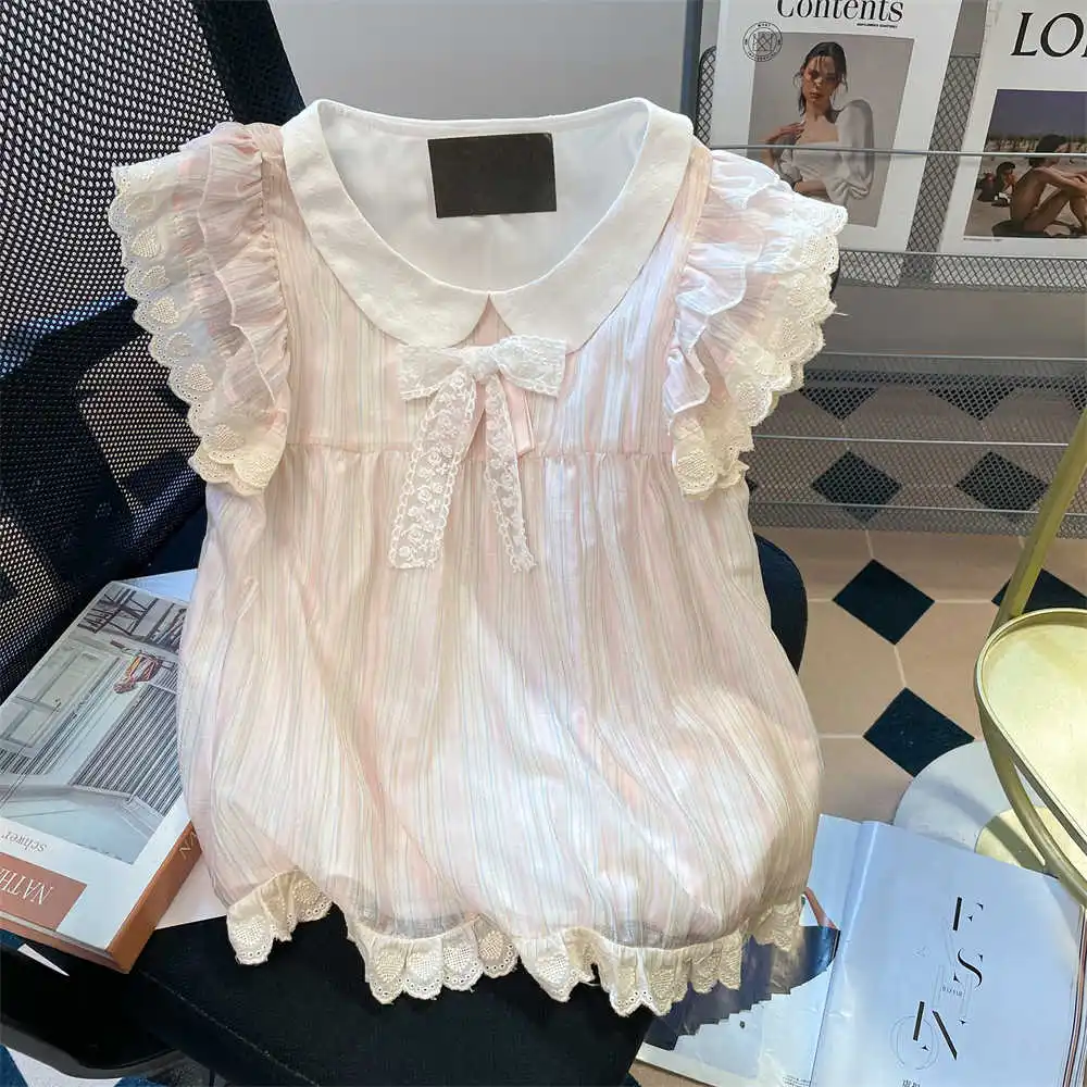 

Women's Pink Striped Lace Bow Shirts Blouses Y2k 90s Vintage Korean 2000s Flying Sleeve Oversize Shirt Cutecore Clothes Summer