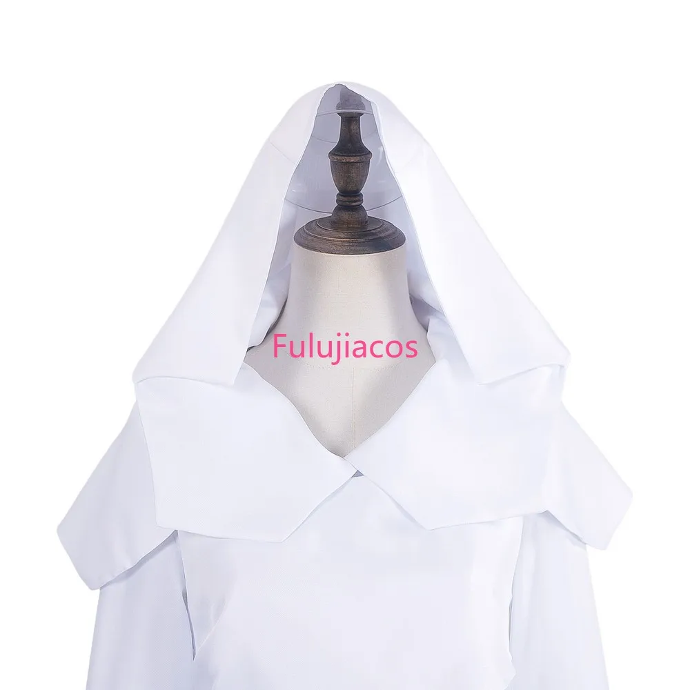 Kostium Cosplay Fulujiacos LOL Mel Mel Medarda Biała Sukienka z Rozcięciem i Kapturem Jayce