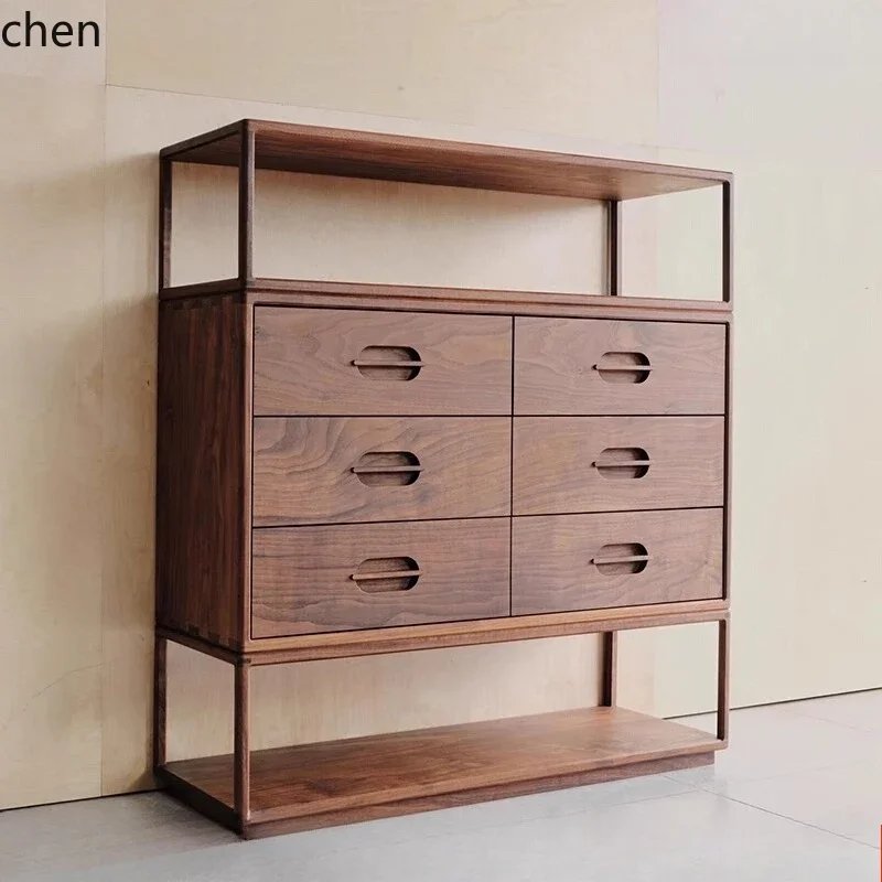 y9.3-Solid Wood Side Cabinet Six-Drawer Cabinet Living Room Storage Drawer Cabinet Black Walnut High-End