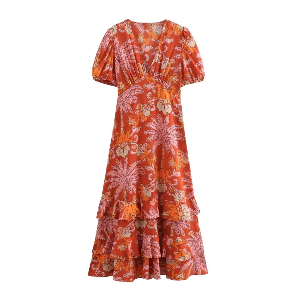 

LIBIELIY 2025 Summer New Women's European And American Style Fake V-neck Contrast Layered Printed Short Sleeve Midi Dress