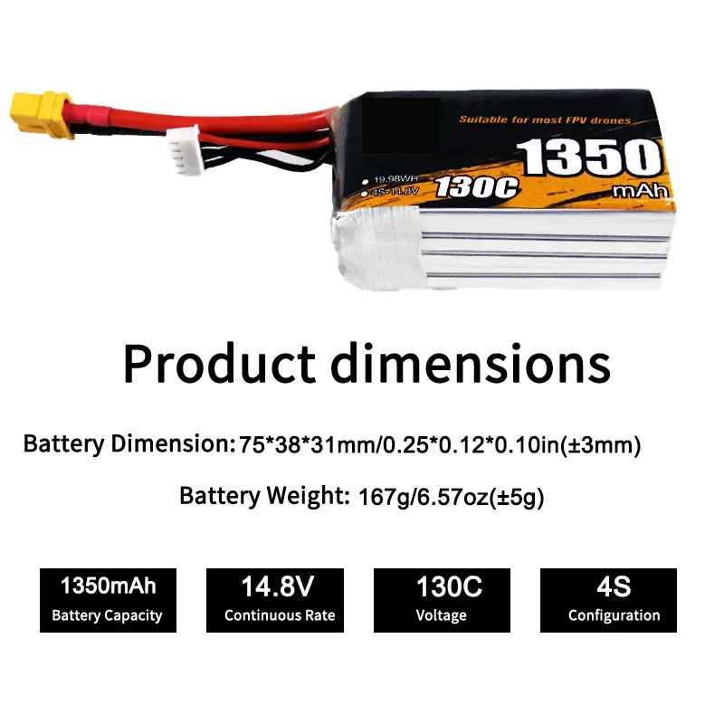 1350mAh 130C 14.8V 4S Lipo Battery XT60 Plug For FPV Racing Drone Quadcopter Model Aircraft RC Remote Control Toys Parts