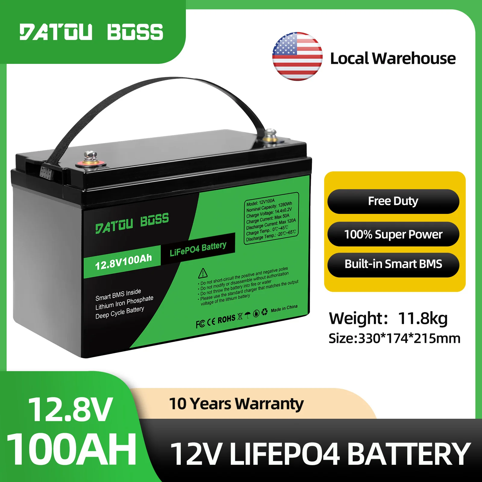 DATOUBOSS LiFePO4 12V 100Ah Batteries 1280WH Lithium Battery with BMS US AU DE  Warehouse Fast Delivery No Tax for Travel Camp