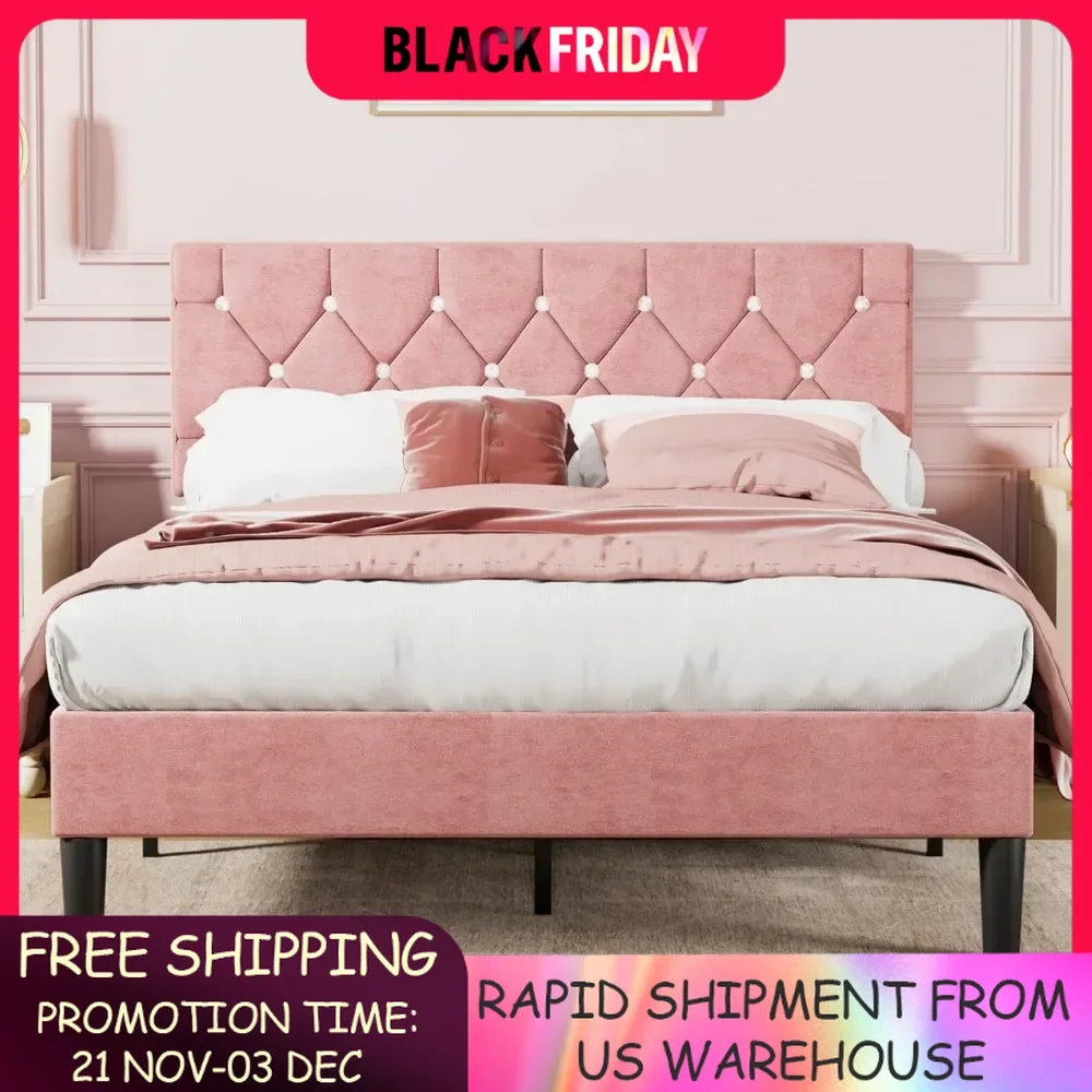 Full Size Bed Frame, Upholstered Platform with Adjustable Diamond Tufted Headboard, Wood Slat Support, No Box Spring Needed