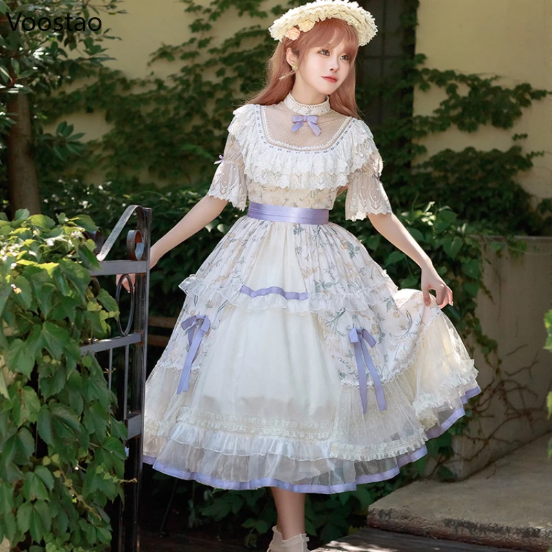 Japanese Sweet Lolita Princess OP Dress Women Victorian Vintage Wedding Party Dresses Girls Elegant Lace Fairy Floral Dresses