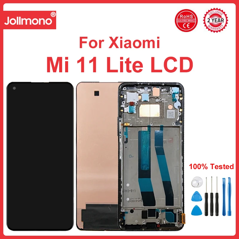 

Сменный экран дисплея Mi 11 Lite, для Xiaomi Mi 11 Lite 5G M2101K9G M2101K9C, ЖК-дисплей, цифровой сенсорный экран с рамкой