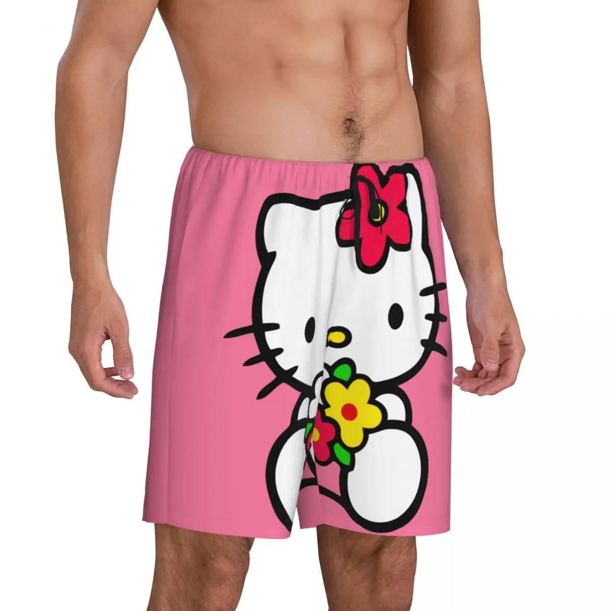 Pantalones cortos de pijama de Hello Kitty para hombre, ropa de dormir de dibujos animados personalizada, parte inferior elástica, con bolsillos