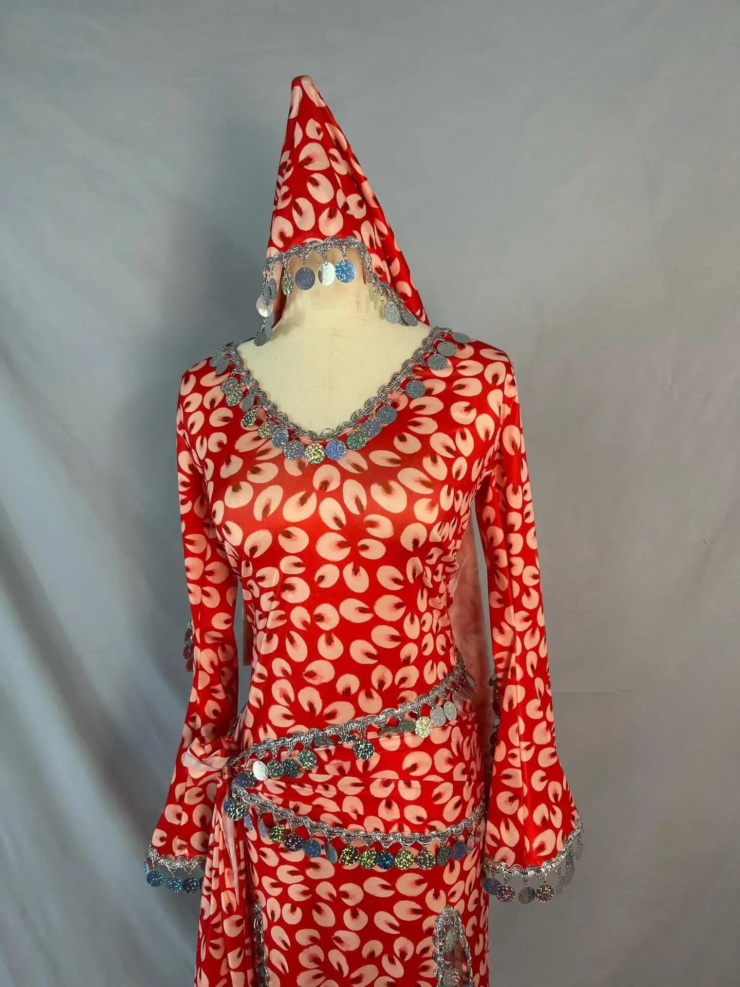

Ladies Full Set Belly Dance Outfit, Red Leopard Print Sequined Dress with Waist Sash & Headpiece for Stage Show