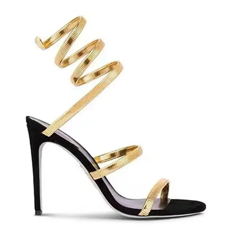 

Summer New Gold One-Line Strappy Sandals Women Snake Wrapped Sexy Square Head High Heels Stiletto Party Shoes