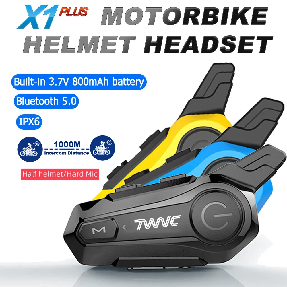 1/2pcs X1plus Bluetooth Motorcycle Helmet Intercom Headset with 1000M BT Interphone Communicator for 2 Riders Waterproof