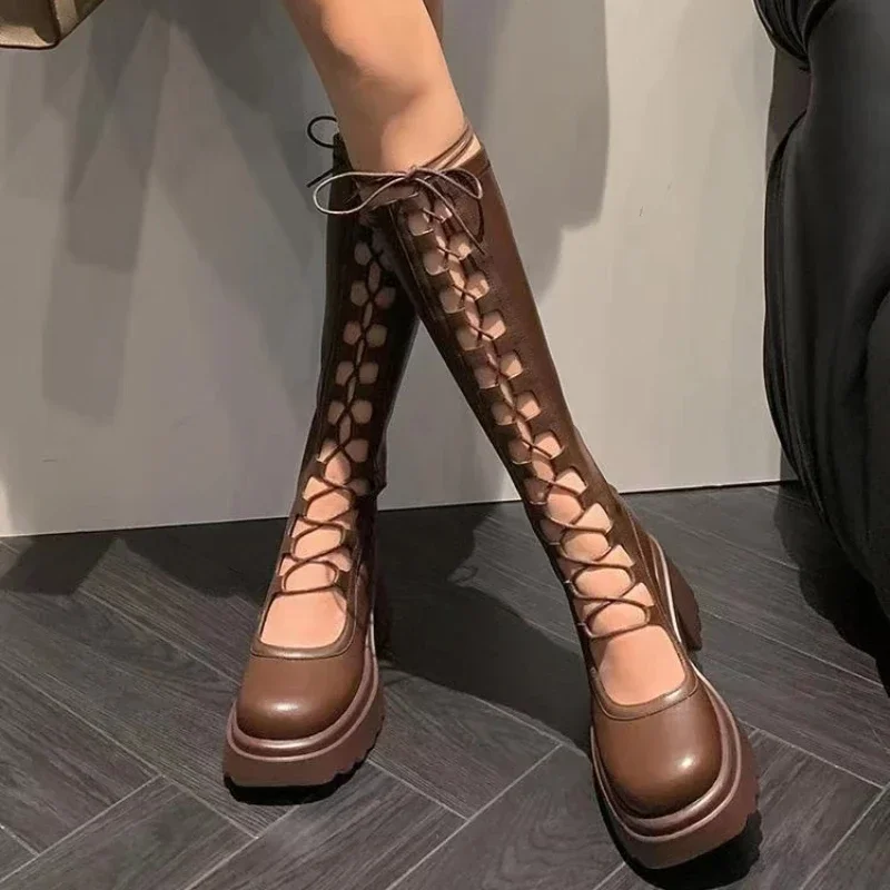 

2026 Summer New Female Breathable Hollowed Out Mesh Boots Genuine Leather High Knight Boots Knee High Heels Show Thin Cool Boots