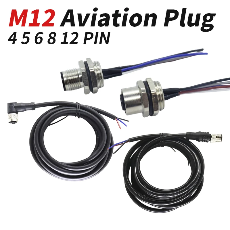 M12 4pin 5pin 6pin 8pin 12pin Aviation Plug Wire Male Female Straight Head 2 Meters Cable Flange Seat Waterproof Elbow Connector