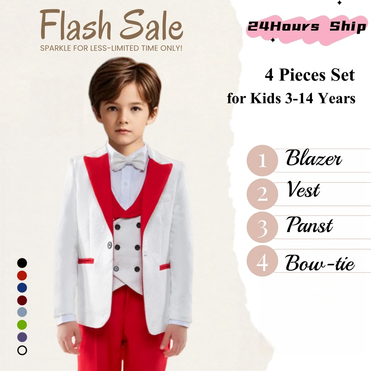 

Kids Tuxedo Set 4PC | Jacket Vest Dress Pants Bowtie | Boys 3-14 | Pageant Party | Ships Today! Jacquard Jacket Photoshoot Wear