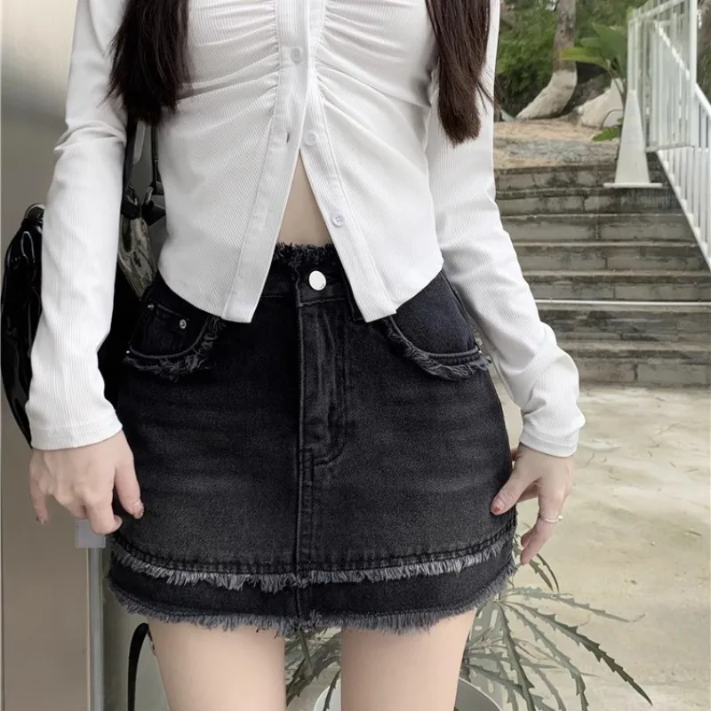 Retro Spicy Girl Plush Edge Denim Skirt Women's Summer New High Waist Slimming Versatile Anti Shining Wrap Hip Short Skirt Trend