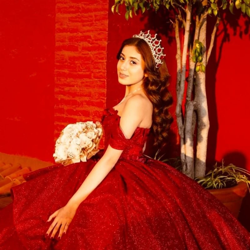 Rouge brillant Quinceanera robes hors de l'épaule Applique fleur perles princesse luxe doux 16 robe vestidos 15 de xv anos
