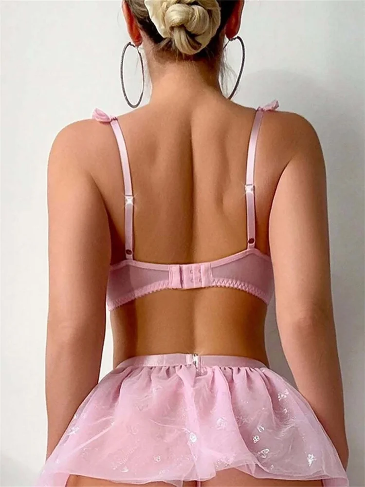 

CHRONSTYLE Women Teddy Lingerie Exotic Sets Bra with Pearls Chain and Thongs Mesh Skirts Fishnet Stockings Babydoll Sleepwear