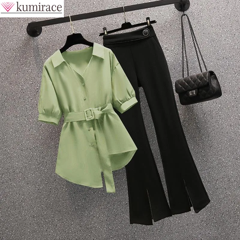 

2022 Summer New Elegant Women's Pants Set Fashion Chiffon Shirt Top Black Trousers Two Piece Set Casual Blouse Female Tracksuit