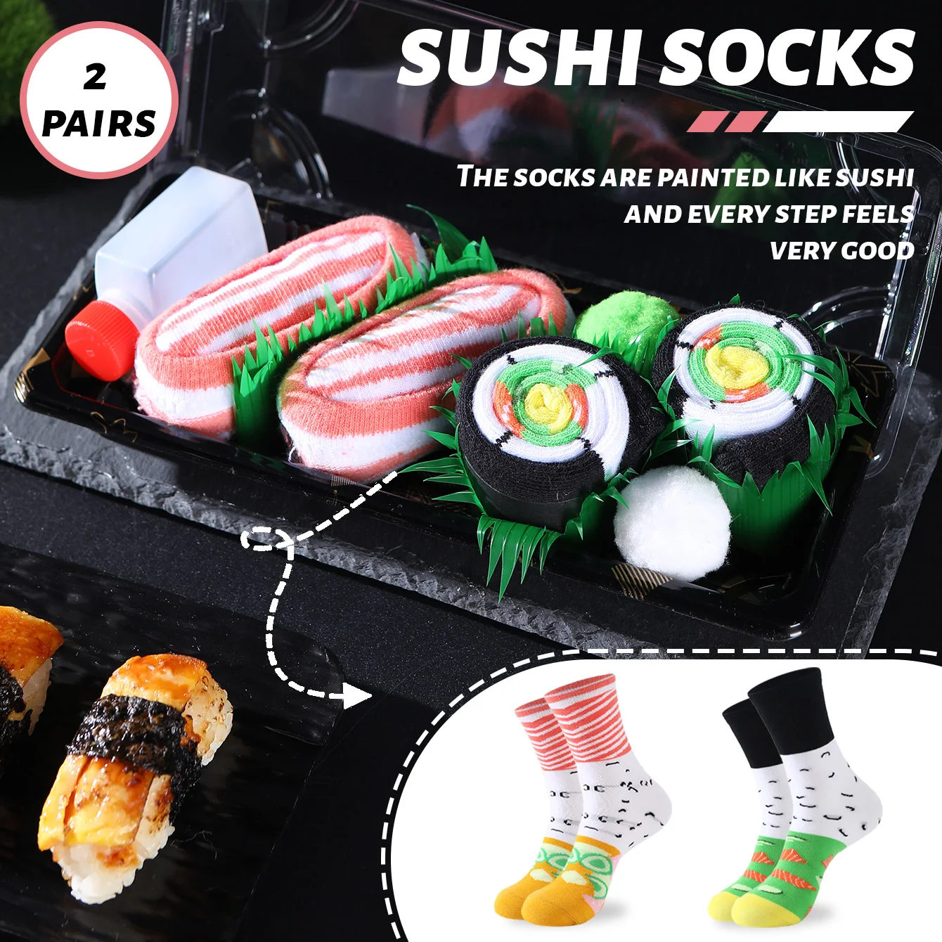 2 Paar mittelhohe Socken für Männer und Frauen, neuartige und lustige bunte Lachs-Sushi-Geschenkbox-Socken, europäische und amerikanische Mode, trendiger Stil, bequem und atmungsaktiv, Party-Casual-Neuheitsgeschenke, Valentinstag, Weihnachten, Weihnachtsmann, Herbst- und Winterstile, ganzjährige Socken, süße und lustige Socken