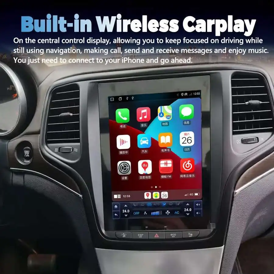 10.4" Android 14 wireless Screen Car Multimedia Player Stereo Carplay GPS Navigation Head Unit For Jeep Grand Cherokee 2012 2018