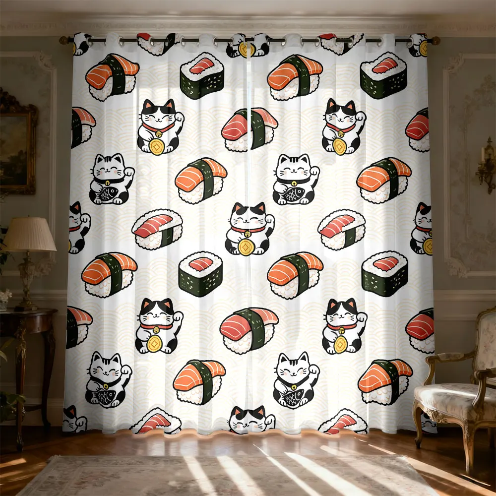 2 pieces of 90g brushed fabric curtains with a lucky cat and sushi pattern (including a wavy bottom) for home decoration