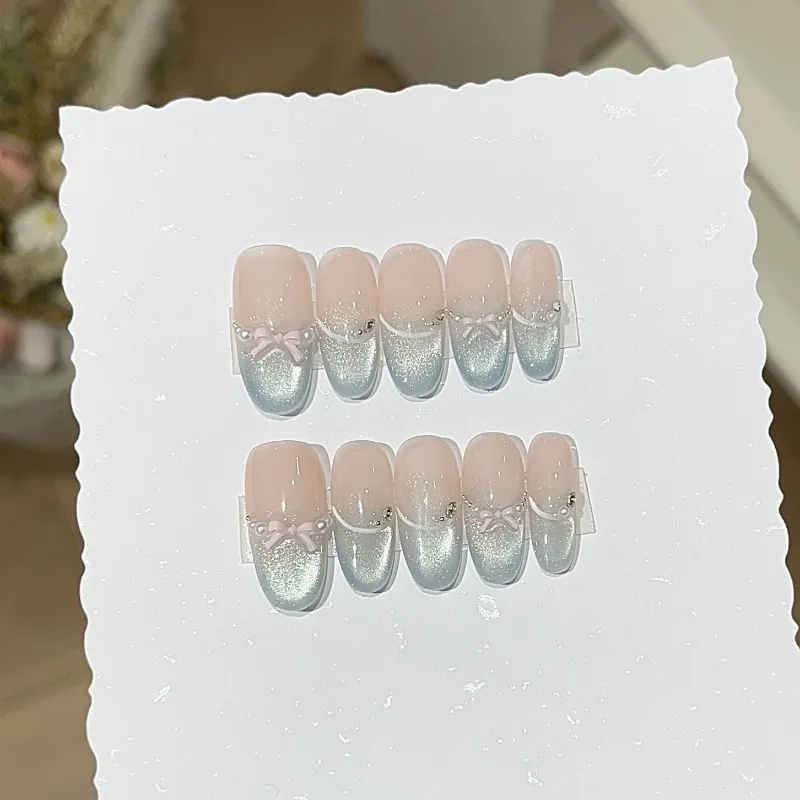 Puntas de uñas hechas a mano, juego de uñas con prensa de ojo de gato para pegar, uñas postizas con lazo listas, uñas postizas con caja y herramientas 2025