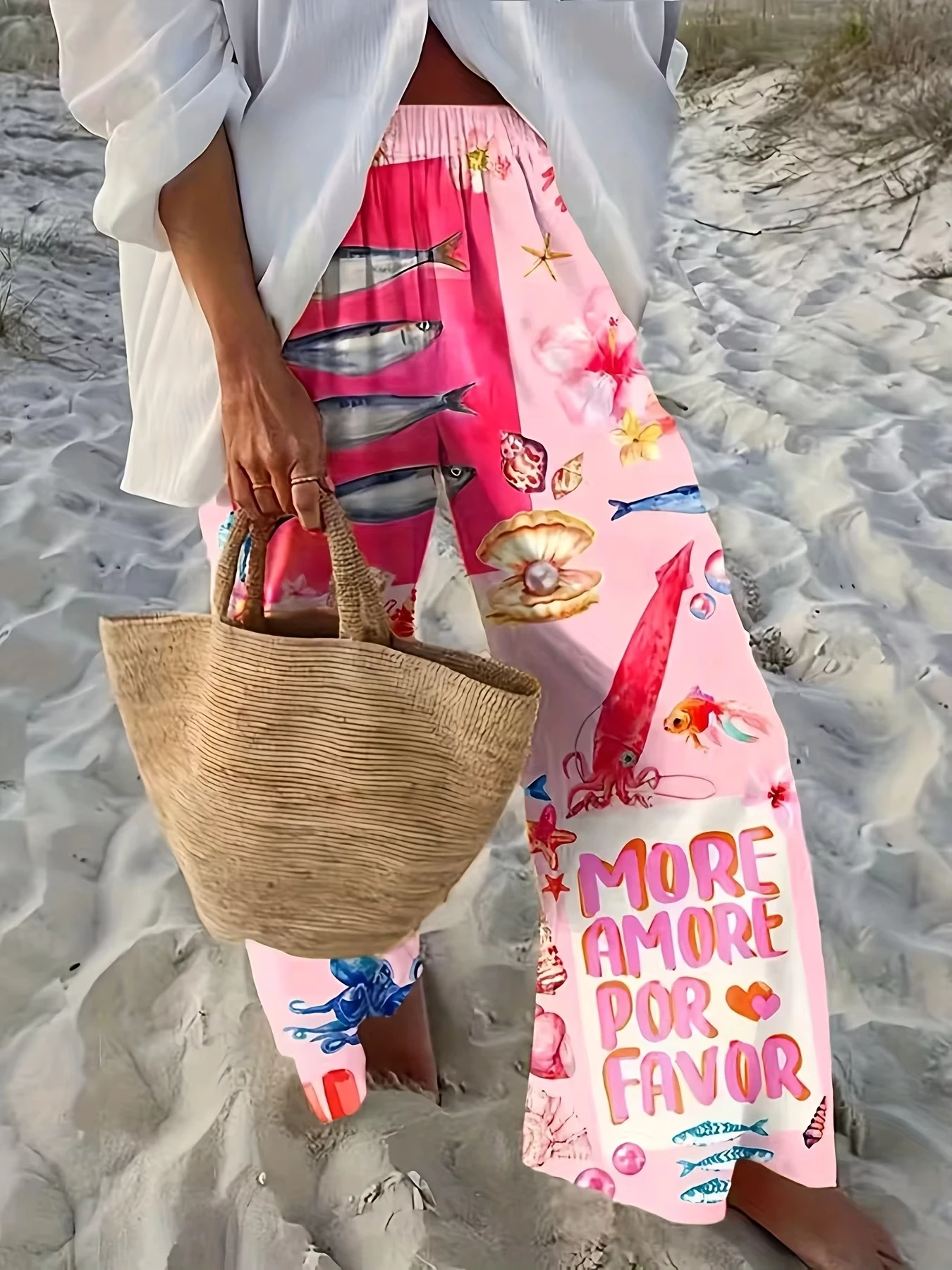 

Tropical seafood, seashells, flowers, contrasting colors, vacation style, 3D printed pants, niche retro and lazy style pants