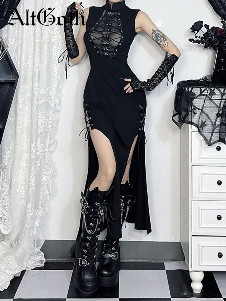 

AltGoth Cyber Punk Gothic Dress Women Harajuku Dark Grunge Mesh Patchwork See Through Bandage Sleeveless Dress Clubwear Female