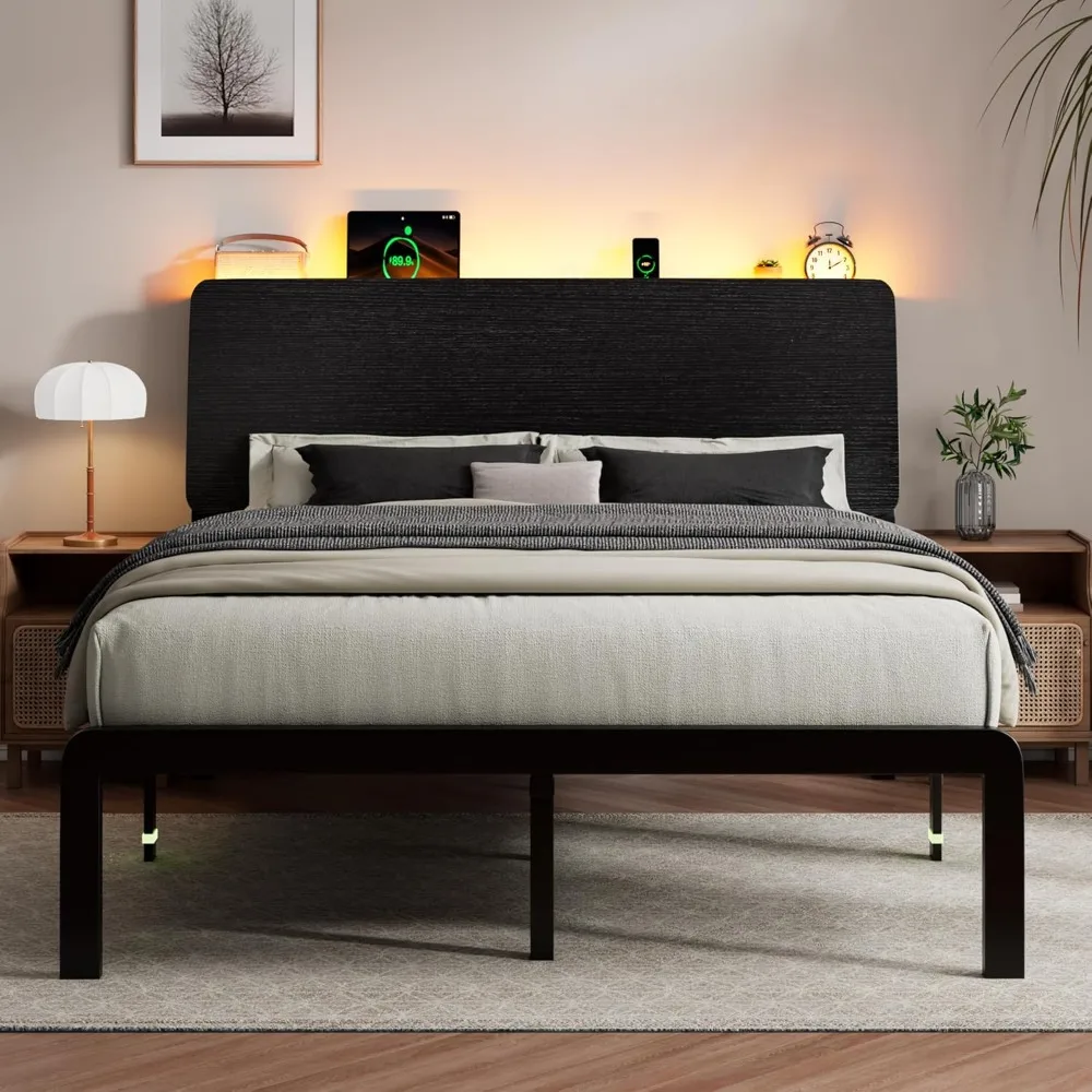 iPormis Queen Metal Bed Frame with LED Lights & Charging Station, Platform Bed with Ergonomic Storage Headboard, Steel Slats Sup