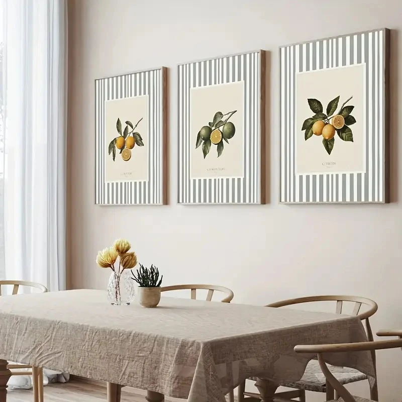 

3pcs/Set Retro French Fruit Poster Canvas Simple Style Vegetables Kitchen Decorative Painting with Orange Lemon Citrus Patterns