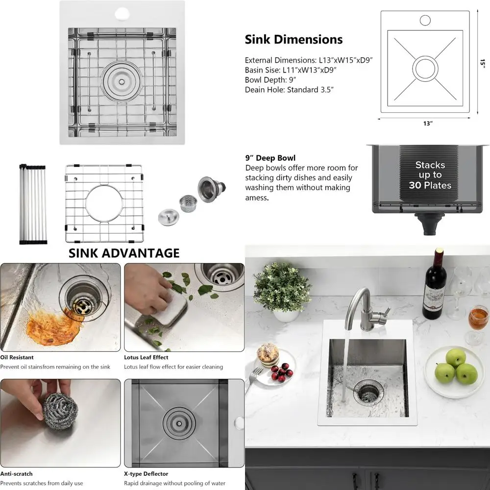 

Stainless Steel Single Bowl Topmount Wet Bar Sink, 13x15x9 Inch, 16 Gauge for RV Kitchen Sinks