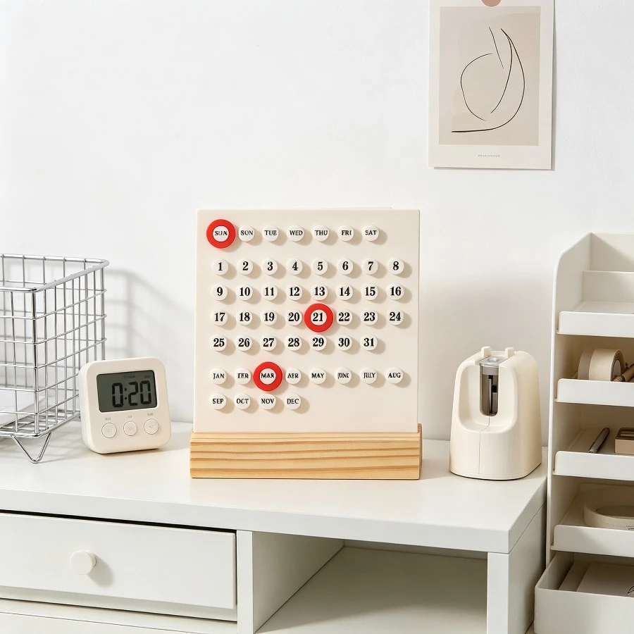Wood Perpetual Calendar Acrylic Wooden Base Handmade DIY Calendar Stand Office Home Decoration Desktop Ornament Date Display