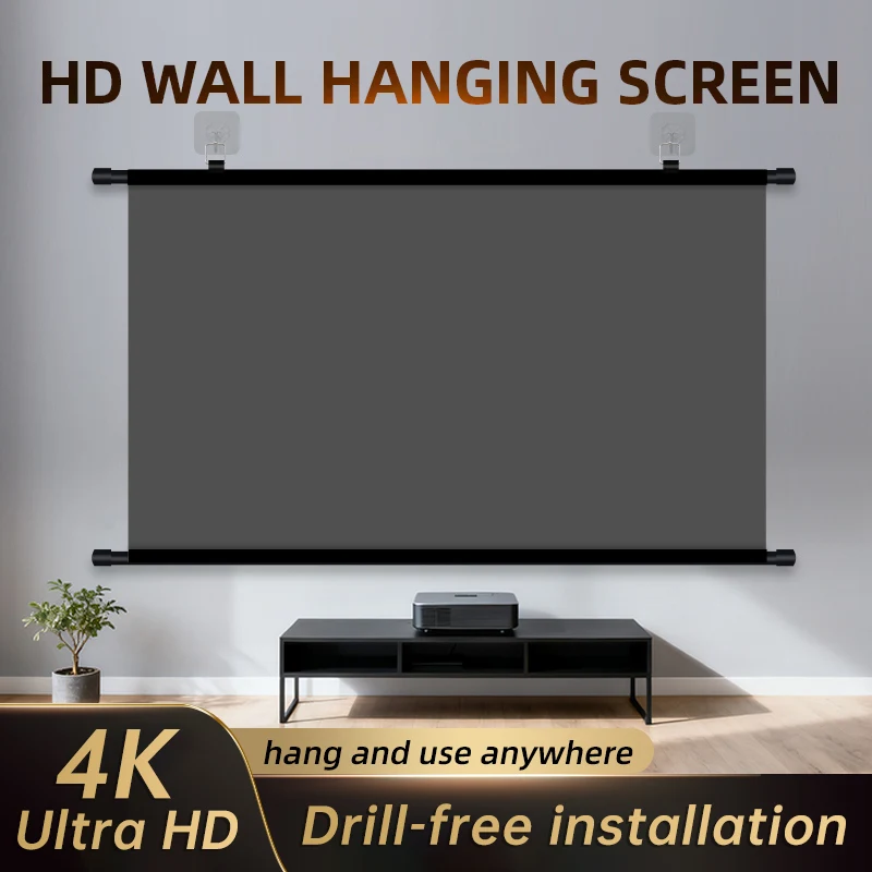 100inchWall Hanging Anti-Glare Projector Screen 16:9 High Gain Foldable Punch Free 4K Ultra HD Projection Screen for Home Office