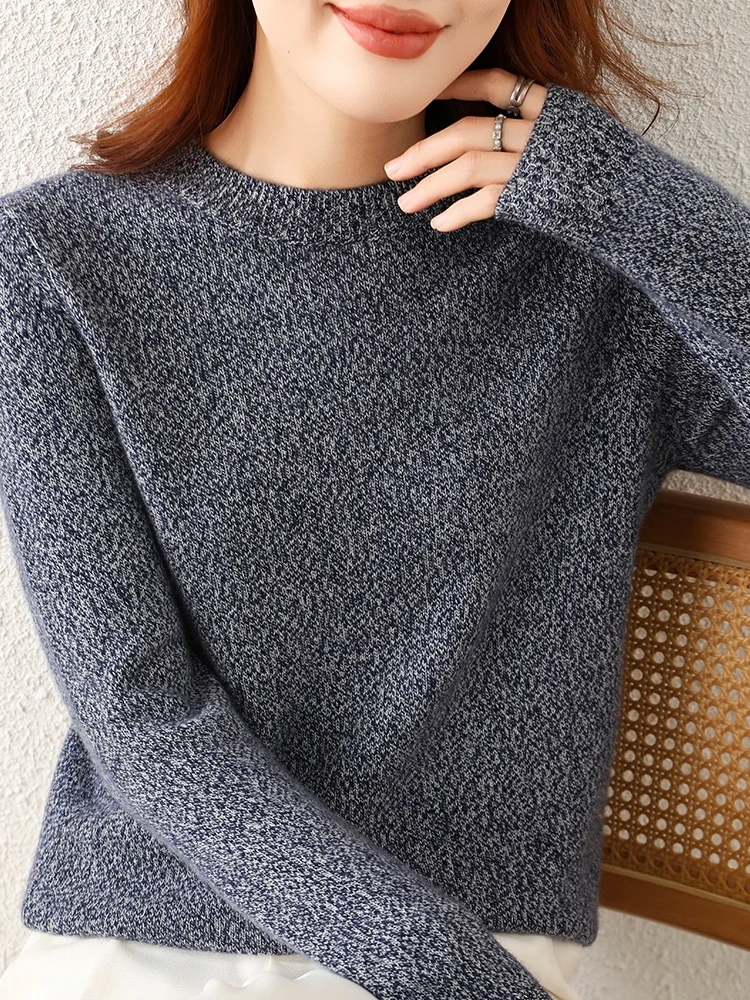 

Autumn/Winter New 100% Pure Cashmere Pullover Casual Solid Color Knitted Ladies Tops Loose Round Neck Sweater Wool Blouse Thick