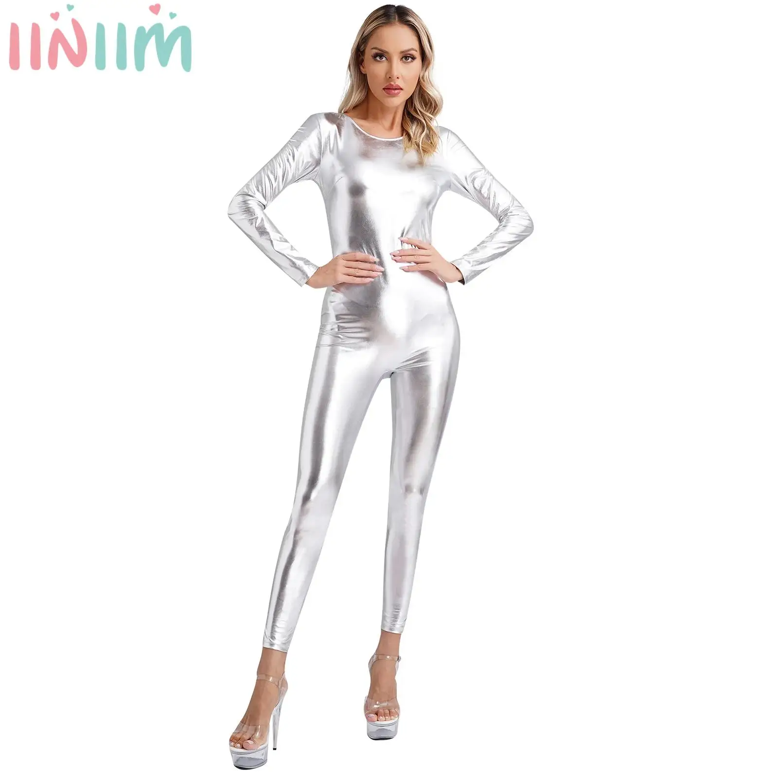 נשים מתכתי פאייטים דיקרנוביץ שרוולים ארוכים שרוול ארוך כיסוי גוף בגד גוף סרבל בגד גוף אחד