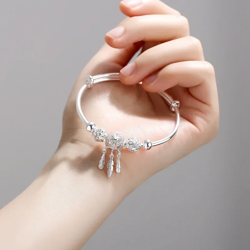 Pulsera de plata de ley 925 para mujer, brazalete ajustable con cuentas redondas, atrapasueños, borla, pluma, joyería de boda