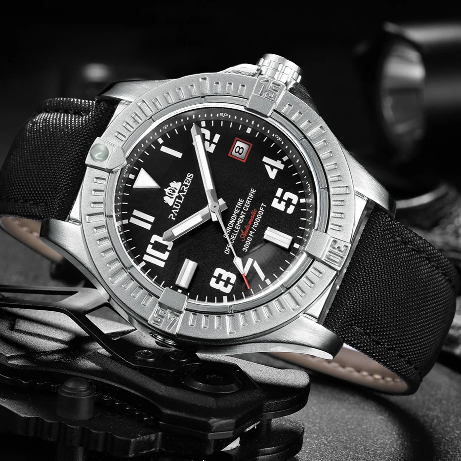 Men's Automatic Mechanical Watch Black Bird Canvas Leather Date Luminous Luxury Fashion 45mm Wristwatch