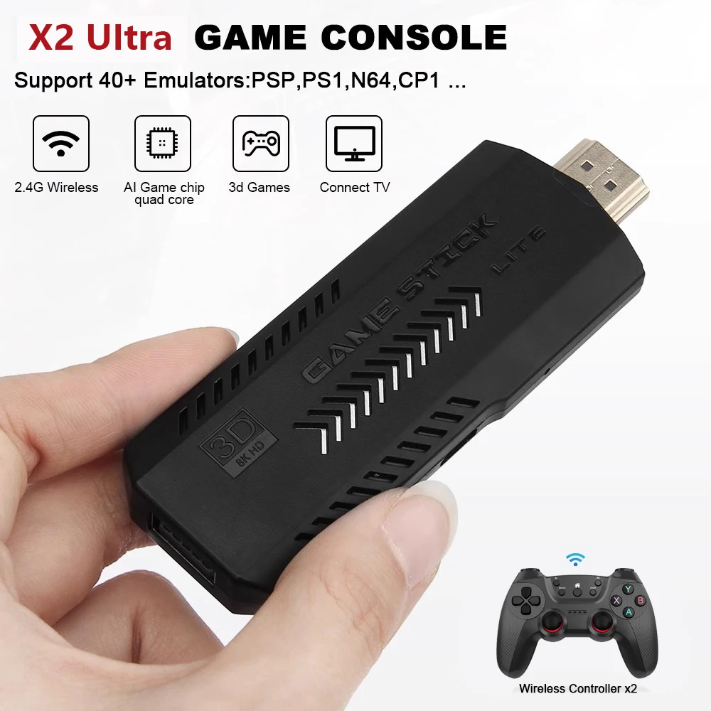 X2 UItra Game Stick  4K HD Video Game Console Double Wireless 2.4G Controller Retro Console 30000 Games For PSP Christmas Gift