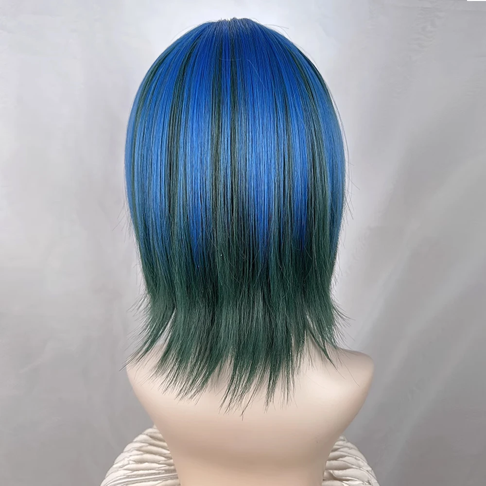 Synthetic Short Straight Ombre Blue Green Blend Wig with Bangs Fluffy Women Lolita Cosplay Hair Wig for Daily Party