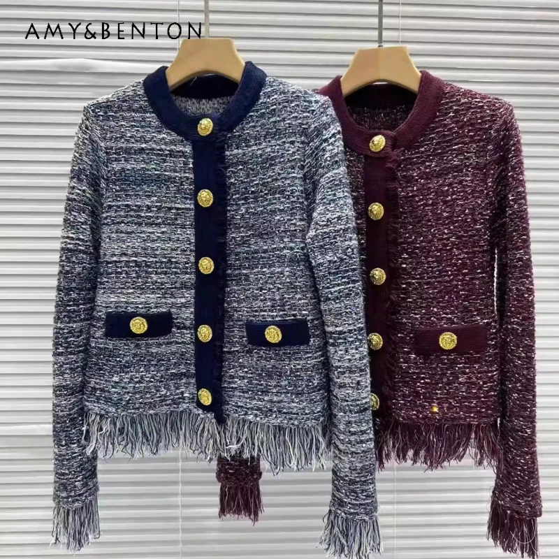 

2026 Spring New Tassel Hem Knitted Women's Cardigan Coat French Design Fashionable High-end Gold Button Round Neck Top Jacket