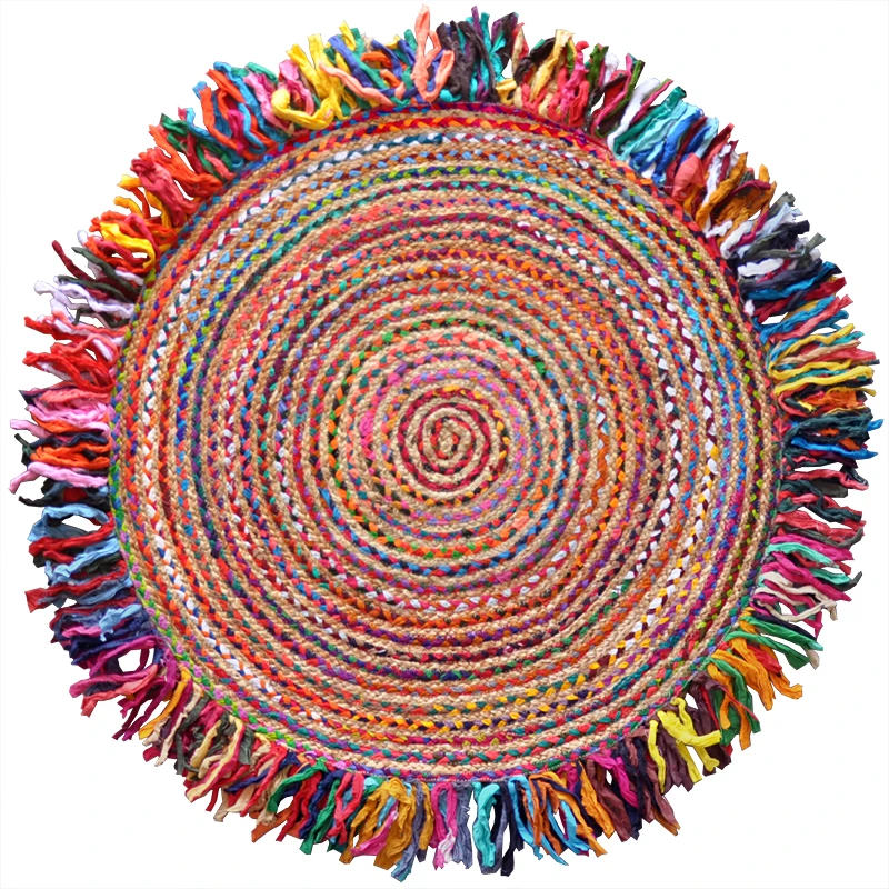 Rainbow model, Indian jute pure cotton mixed woven round fringed carpet ethnic style ins sofa bedroom floor mat
