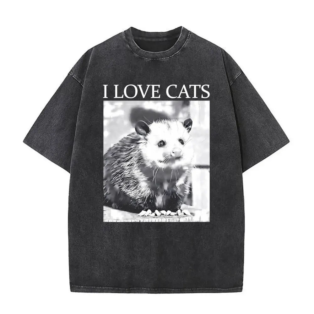 Exist Briefly Feast on Rubbish Washed Vintage Funny Meme Raccoon Graphic T-shirt Men Women Casual Oversized Pure Cotton T Shirts