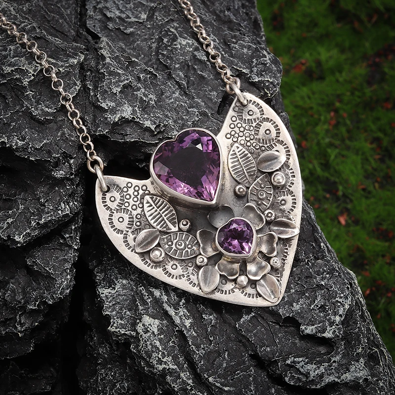 Retro Fashion Purple Heart Shape Gemstone Pendant Necklace Women Girls Punk Party Gift Jewelry