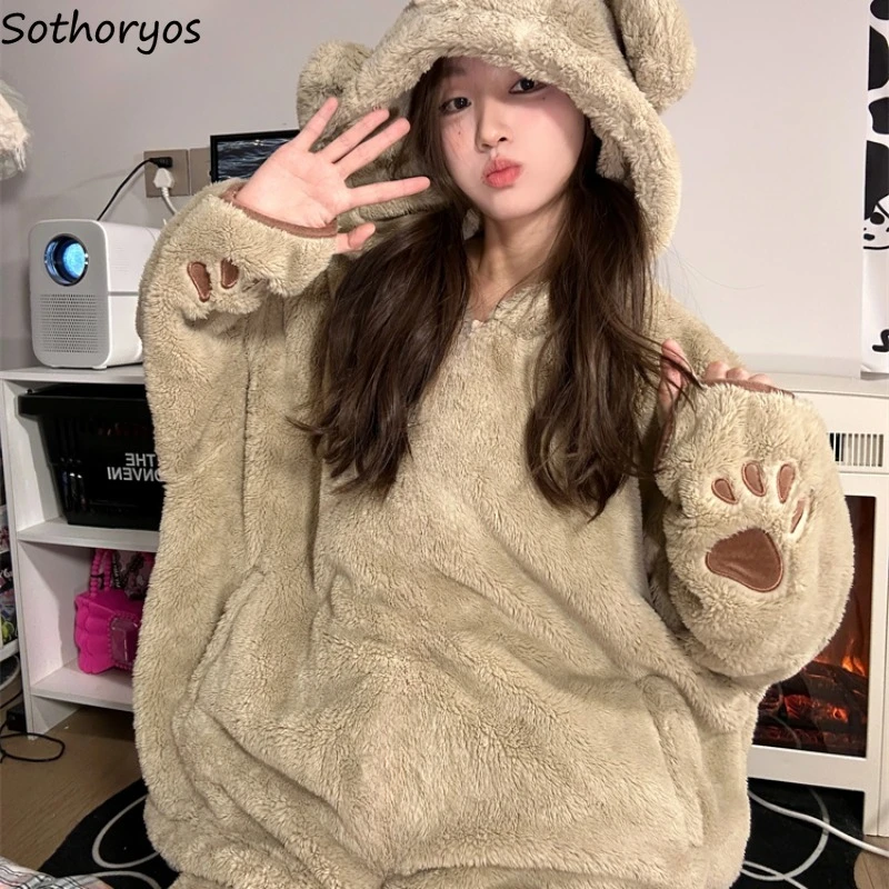 Cartoon Pajama Sets Women Cute Hooded Winter Flannel Thicker Warm Slouchy Homewear Sweet Lounge Casual Harajuku Comfortable New